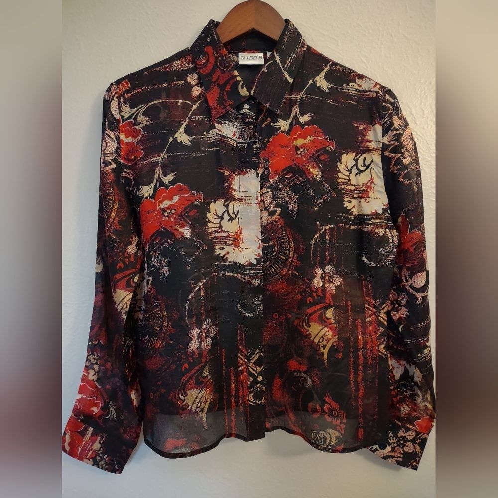 Chico's 100% Silk Black Red And Cream Floral Abstract Print Button-up Blouse